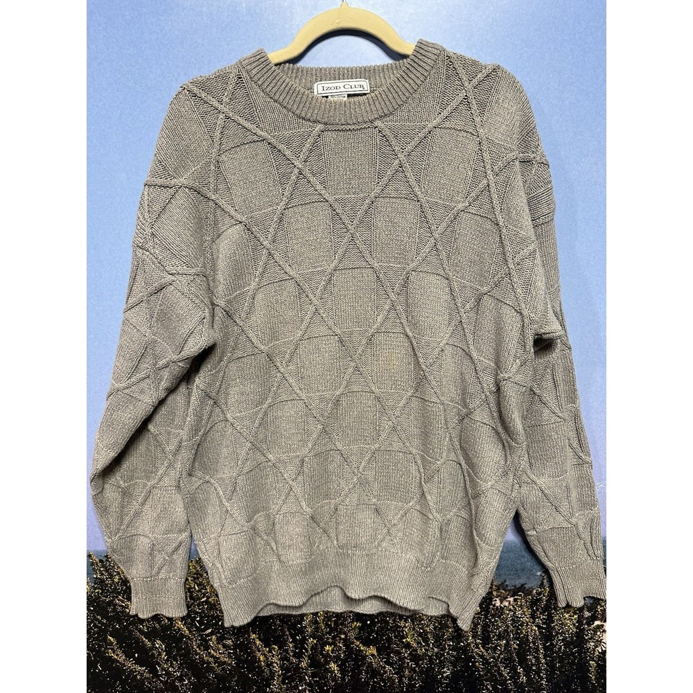 VTG Izod Club Cable Knit‎ Sweater Mens L Tan Long Sleeve Crew Neck